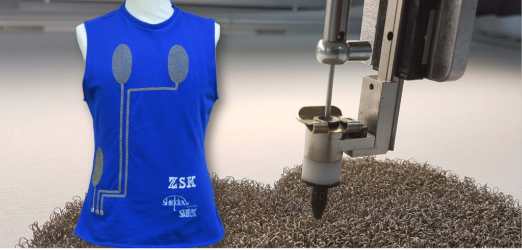 A collage displaying a moss-embroidered electrode and its application in an ECG t-shirt