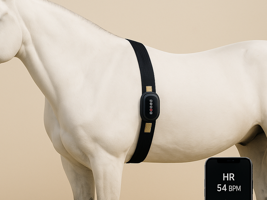 Thumbnail of horse wearing 3E equestrian ECG chest strap prototype with smartphone heart rate display