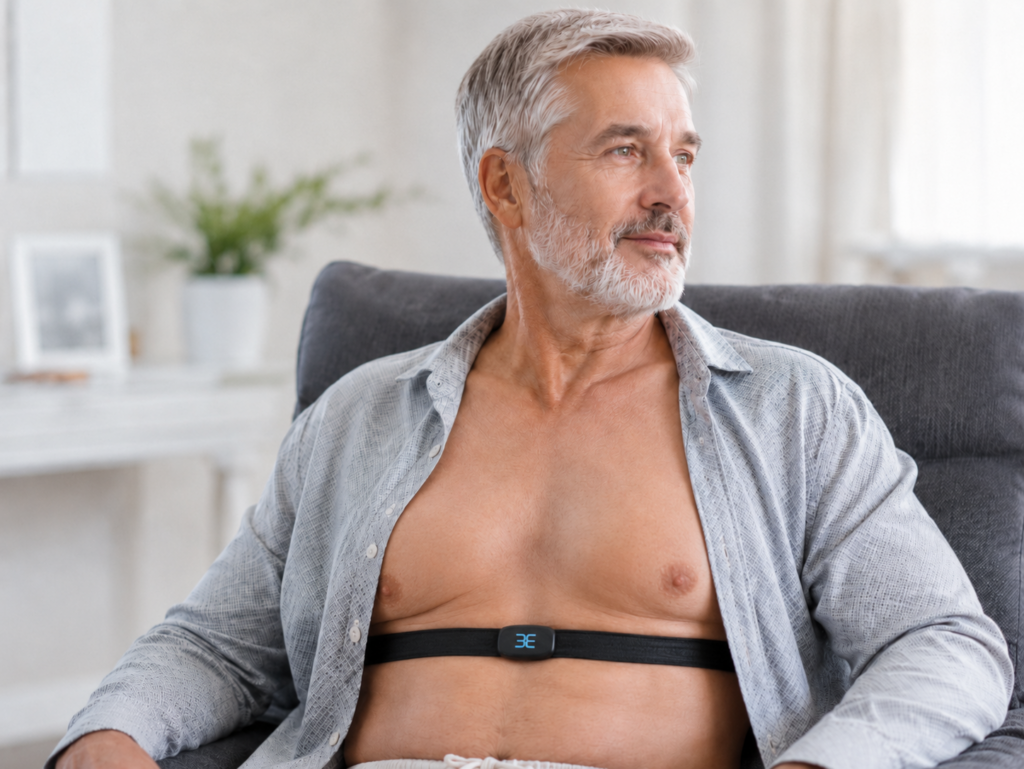 Patient wearing 3E ECG chest strap with embroidered electrodes for continuous heart rate monitoring