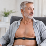 Patient wearing 3E ECG chest strap with embroidered electrodes for continuous heart rate monitoring