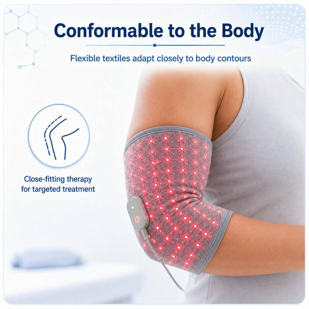 Conformable to the body: flexible embroidered LED textile wrap adapting closely to the elbow