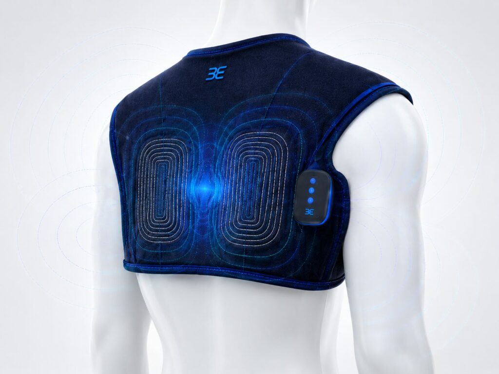 Embroidered PEMF coil textile shoulder wrap for magnetic field therapy
