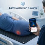 Early detection and alerts: smartphone app showing elevated pressure risk and reposition recommendation from embroidered pressure sensor mat