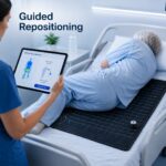 Guided repositioning: caregiver tablet showing pressure heatmap and recommended turn direction based on embroidered sensor data